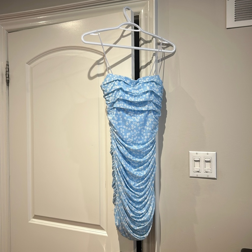 strapless floral dress - worn twice! Light blue with flowers